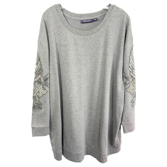 Roamans Plus Size 22W 24W Top 1X Gray Knit Sequin Embroidered Silver Sleeves 648 - Picture 1 of 10